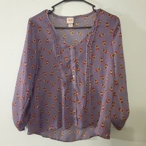 Sheer Long Sleeved Button Down Top Feather Print Size Small